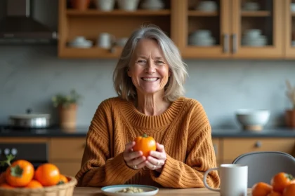 Femme souriante tenant un persimmon dans une cuisine chaleureuse