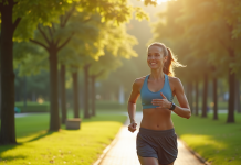 Femme souriante en sport marche dans un parc vert