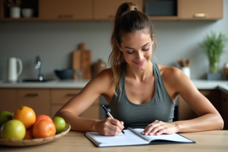 Femme sportive écrivant dans un journal santé en cuisine