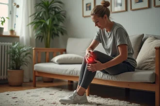 Femme d'âge moyen en tenue de sport assise sur un banc dans un salon