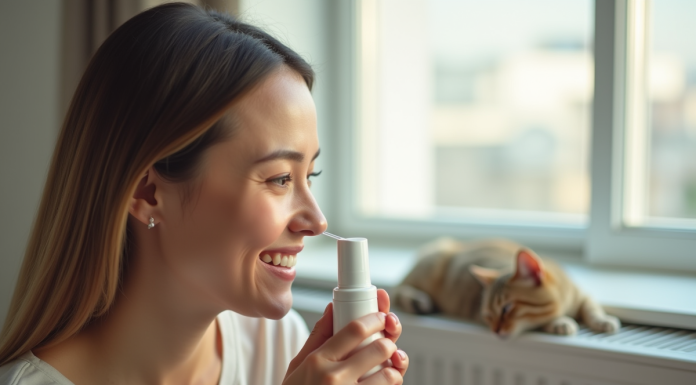 Femme souriante utilisant un spray nasal dans un salon lumineux