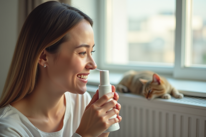 Femme souriante utilisant un spray nasal dans un salon lumineux