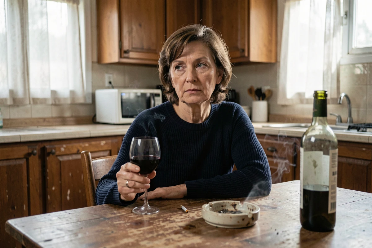 Femme seule à table avec verre de vin et cigarette illustrant les facteurs de risque du cancer buccal