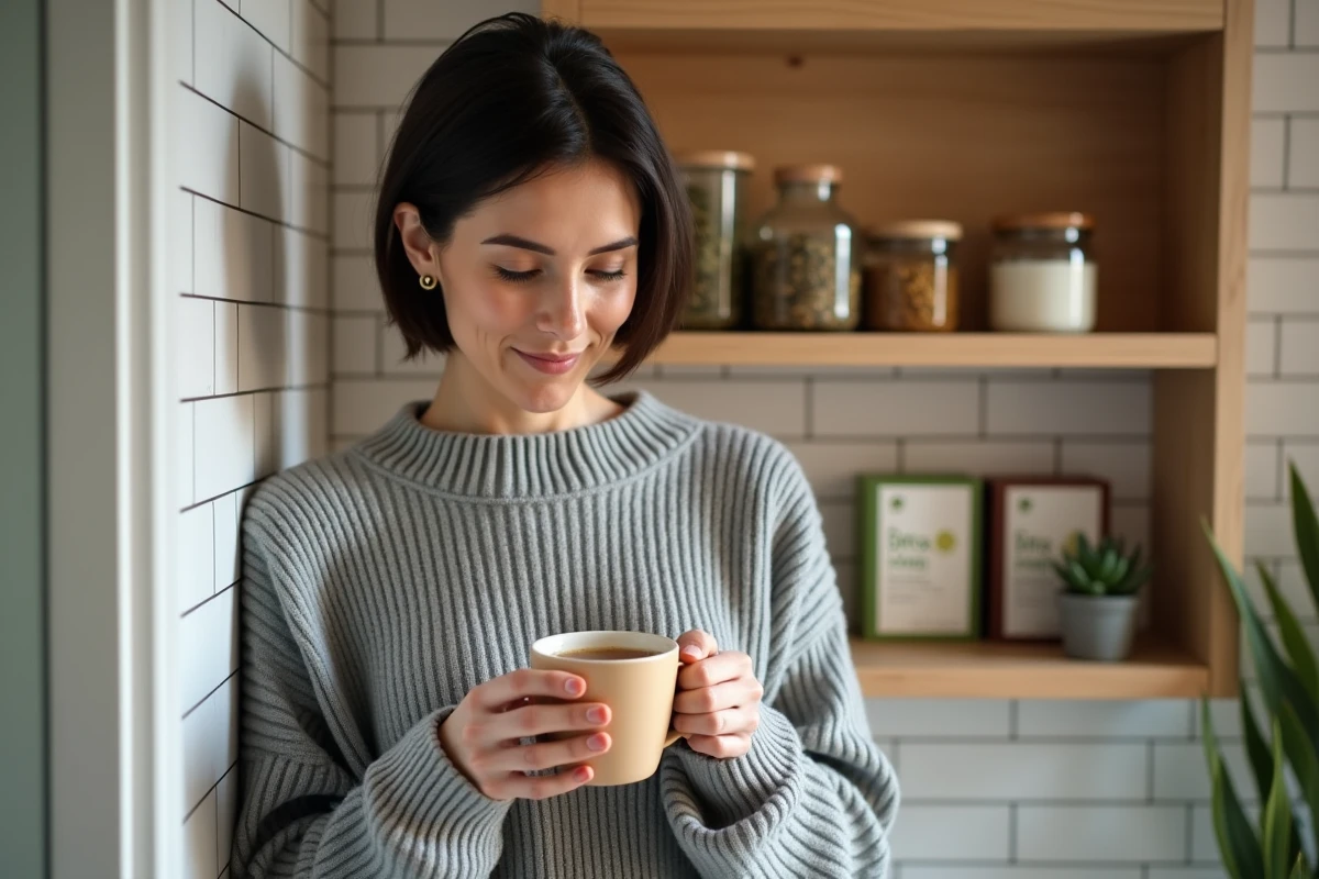 Femme tenant une tasse de thé détox dans une salle de bain bien-être avec des produits de thés détox en arrière-plan