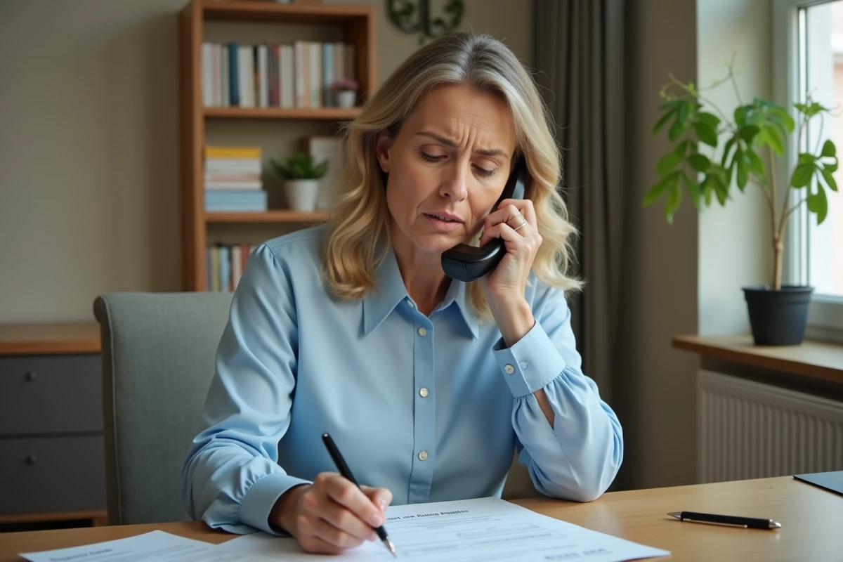 Femme contactant la CPAM par téléphone pour un remboursement en retard, assise à son bureau avec des documents de santé