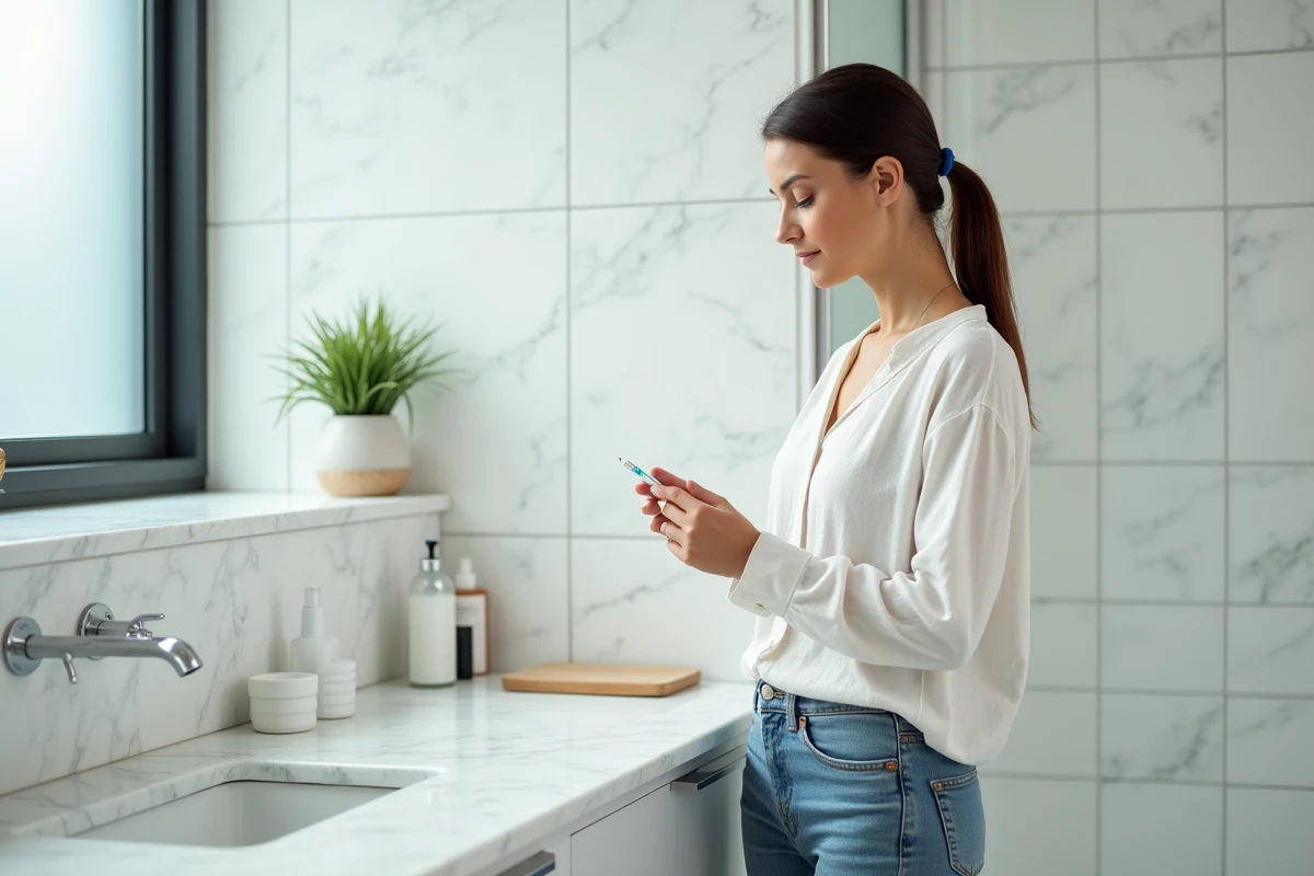 Femme examinant un kit de test de santé dans une salle de bain moderne, signaux corporels à surveiller