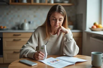 Femme d'âge moyen avec thermometre dans la cuisine