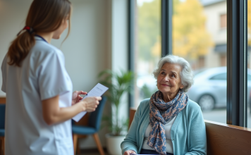 Vaccins pour une personne de 65 ans : quels recevoir pour rester en bonne santé ? Femme senior souriante en salle d'attente moderne