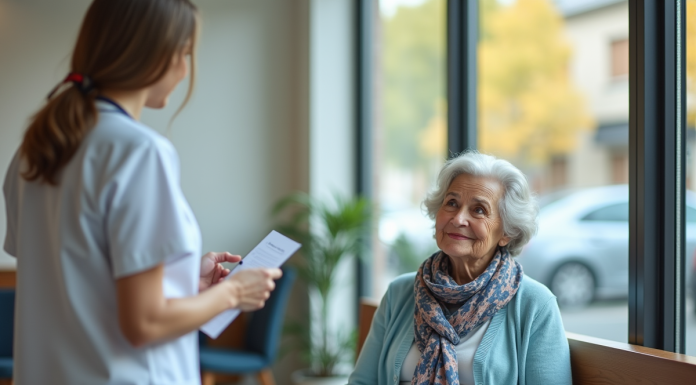 Vaccins pour une personne de 65 ans : quels recevoir pour rester en bonne santé ? Femme senior souriante en salle d'attente moderne