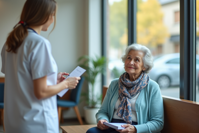 femme-vaccination-senior Femme senior souriante en salle d'attente moderne
