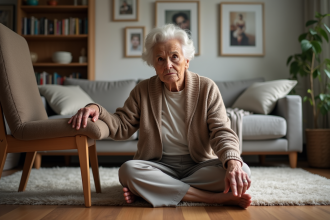 Femme senior assise sur le sol avec expression préoccupée