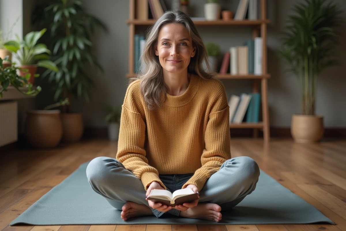 Femme méditant chez elle sur un tapis de yoga