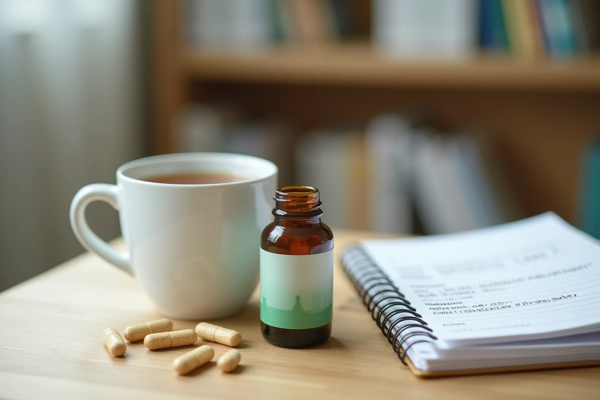 Flacon de complément alimentaire Floravia Nutrisolution posé sur un bureau médical avec ordonnance et notes manuscrites