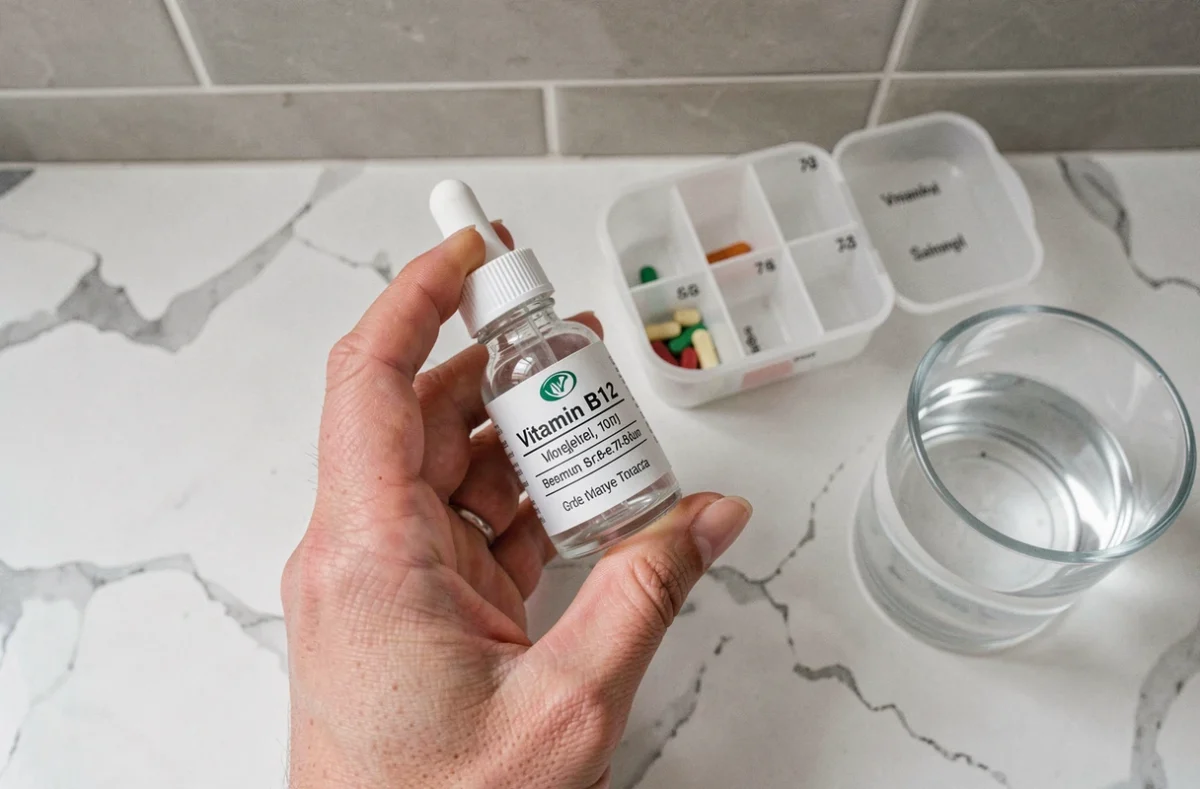 Flacon de vitamine B12 liquide posé sur un comptoir de salle de bain avec un pilulier hebdomadaire