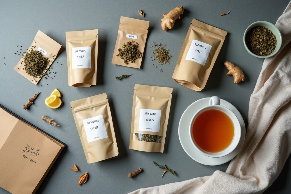 Vue de dessus d'un comparatif de thés détox populaires avec infusion, herbes fraîches et notes manuscrites sur ardoise grise