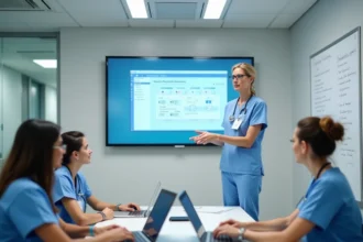 Formatrice infirmière présentant le logiciel NETSoins à une équipe soignante lors d'une session de formation en salle hospitalière