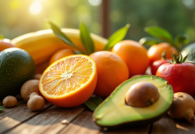 Fruits colorés riches en vitamine D sur une table ensoleillée