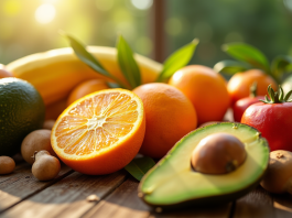 Les bienfaits insoupçonnés des fruits en vitamine D Fruits colorés riches en vitamine D sur une table ensoleillée