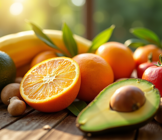 Les bienfaits insoupçonnés des fruits en vitamine D Fruits colorés riches en vitamine D sur une table ensoleillée