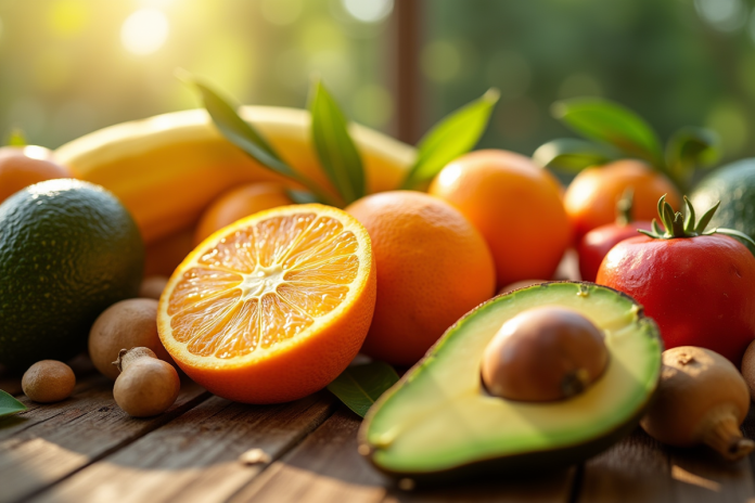 Fruits colorés riches en vitamine D sur une table ensoleillée