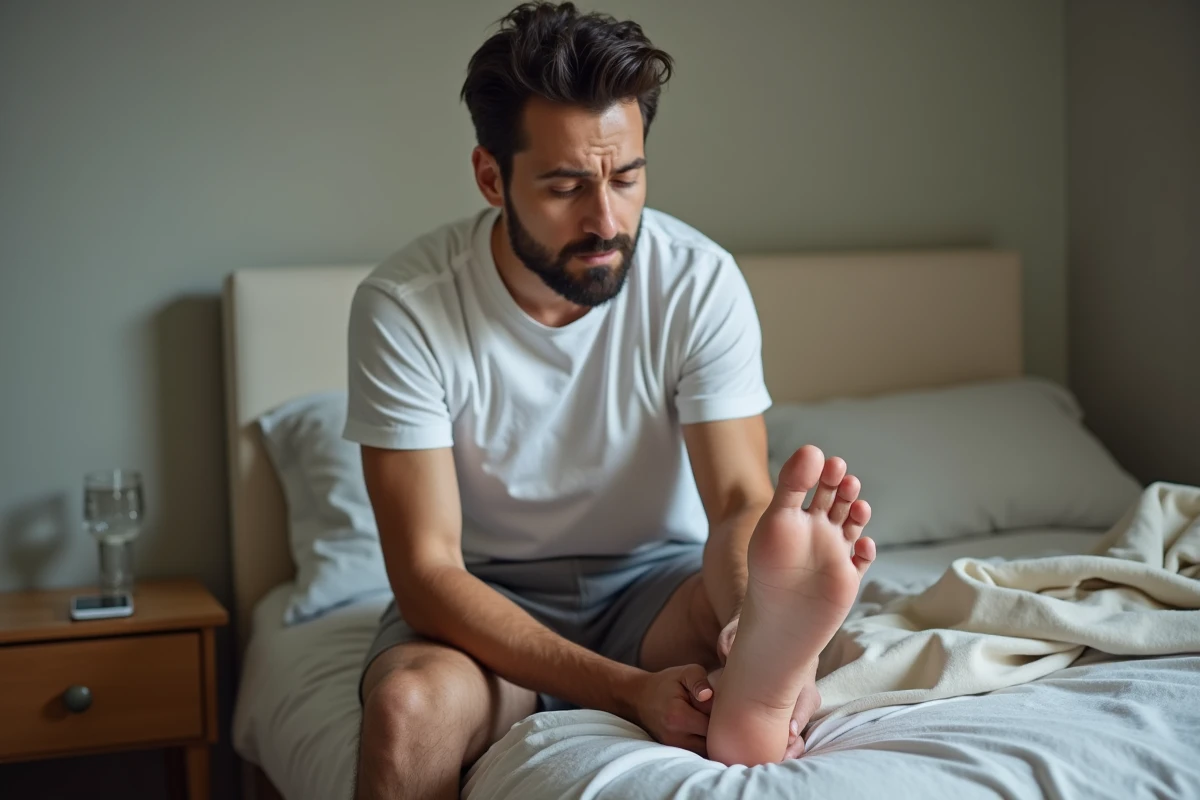 Homme examinant le dessus de son pied enflé assis sur un lit à domicile
