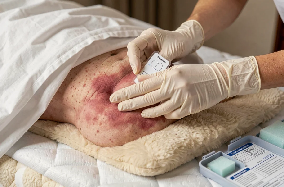 Gros plan des mains gantées d'un soignant évaluant une rougeur cutanée sur la zone sacrée d'un patient