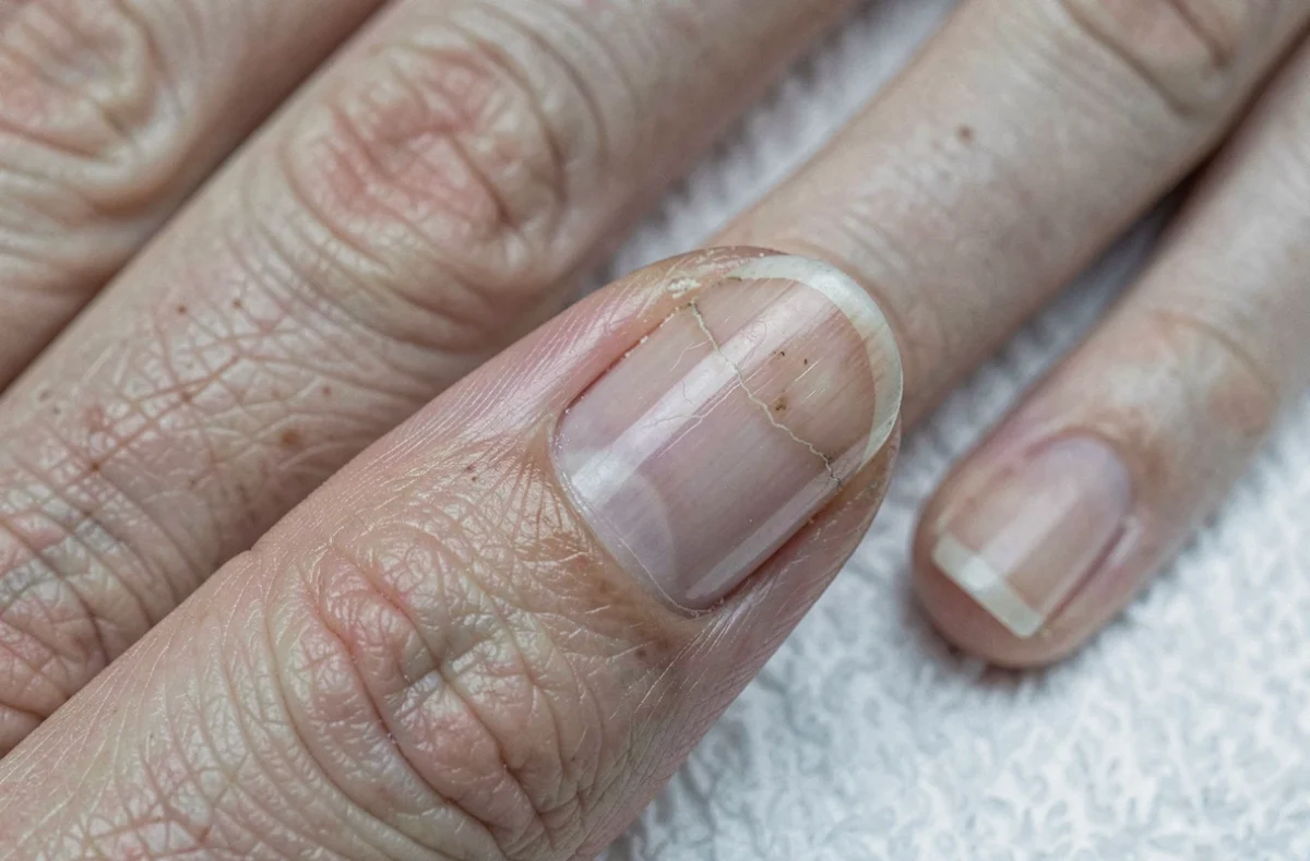 Gros plan sur un ongle présentant des stries et une décoloration légère après une manucure, signes d'une possible atteinte de la matrice unguéale