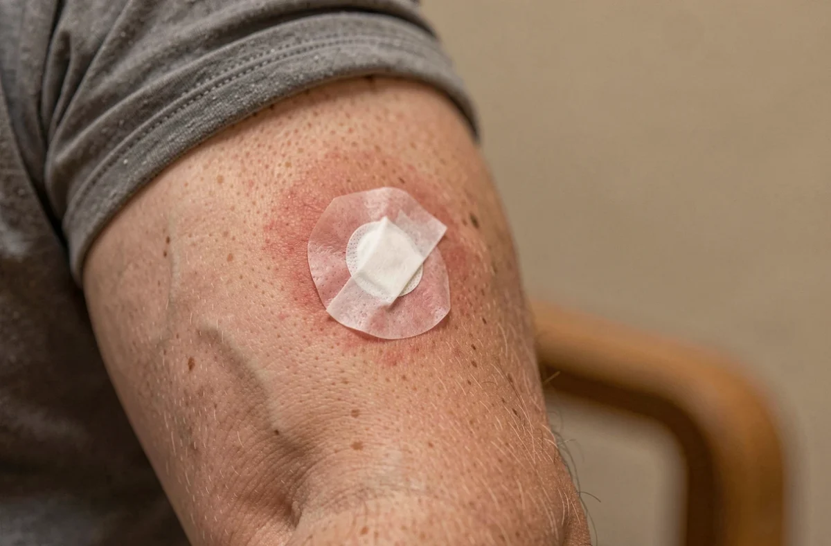 Gros plan sur un site d'injection vaccinale avec pansement et légère rougeur sur le bras gauche