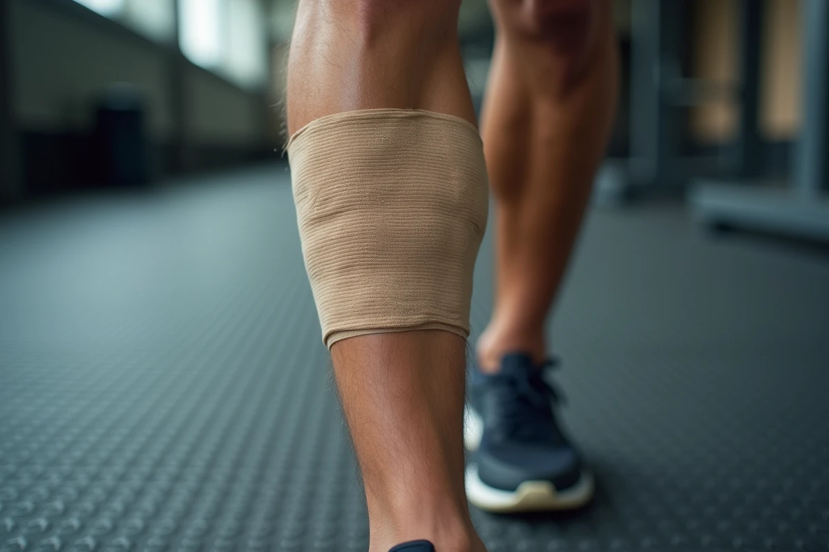 Gros plan sur un taping kinésiologique appliqué sur le mollet d'un coureur avec détail de la pose et de la texture du strapping