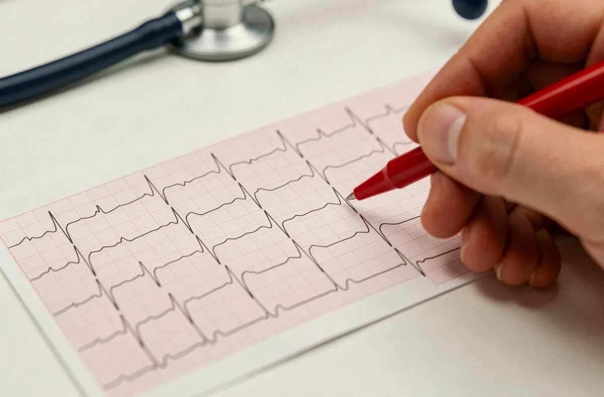 Gros plan sur un tracé ECG papier montrant des ondes U et des signes caractéristiques d'hypokaliémie avec annotation médicale