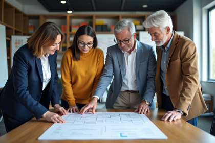Groupe de quatre adultes en réunion autour d'un tableau