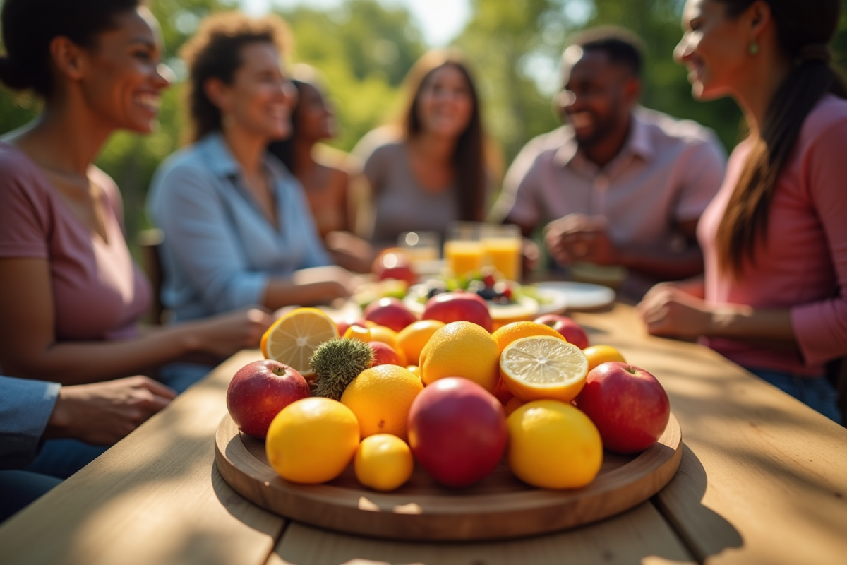 Groupe de personnes partageant un plateau de fruits vitaminés en plein air