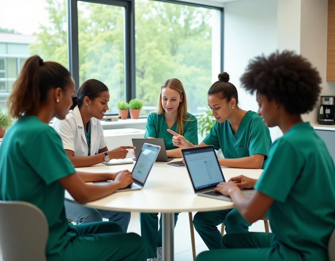 Groupe de nouveaux employés hospitaliers en formation collective sur le logiciel NETSoins autour d'une table en salle de pause