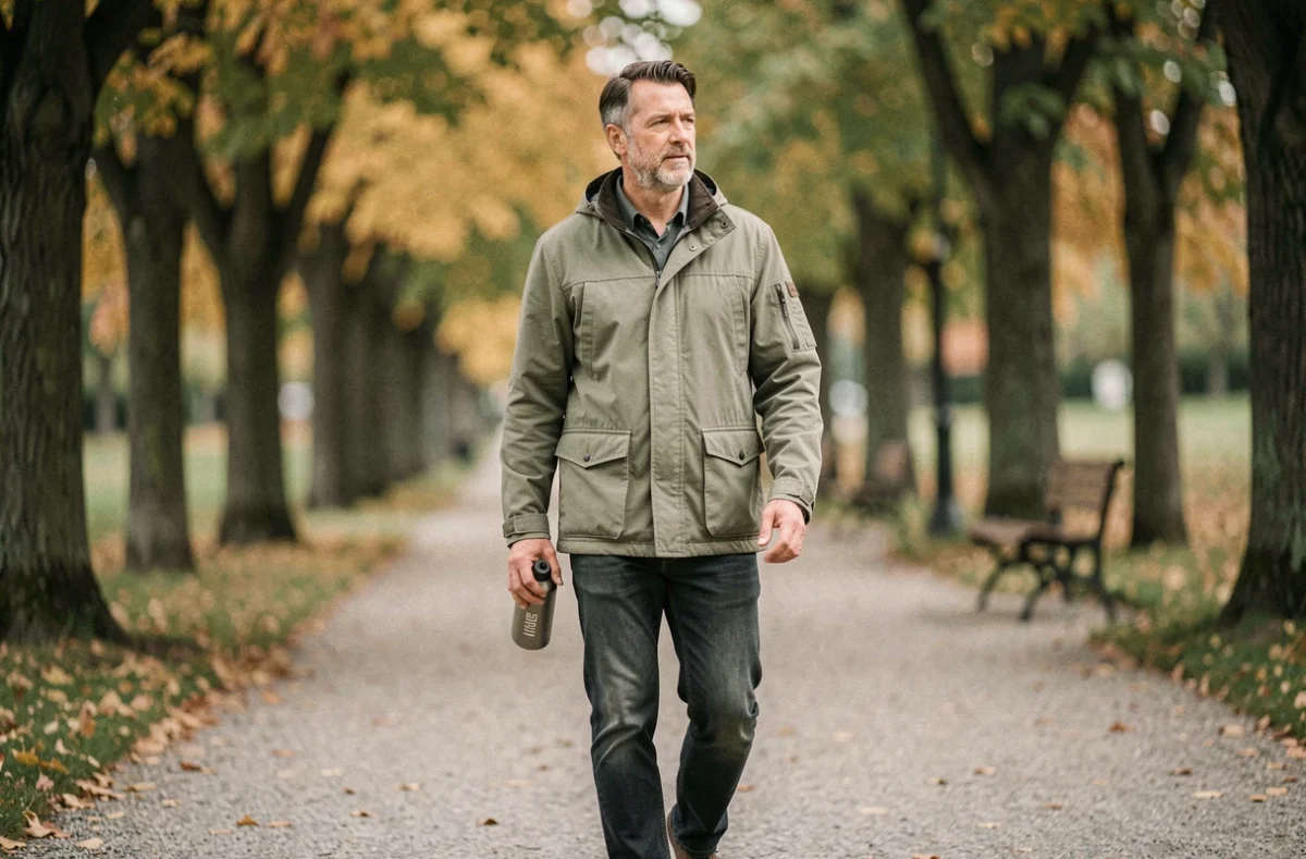 Homme en convalescence se promenant dans un parc après un traitement contre la maladie de Ménière