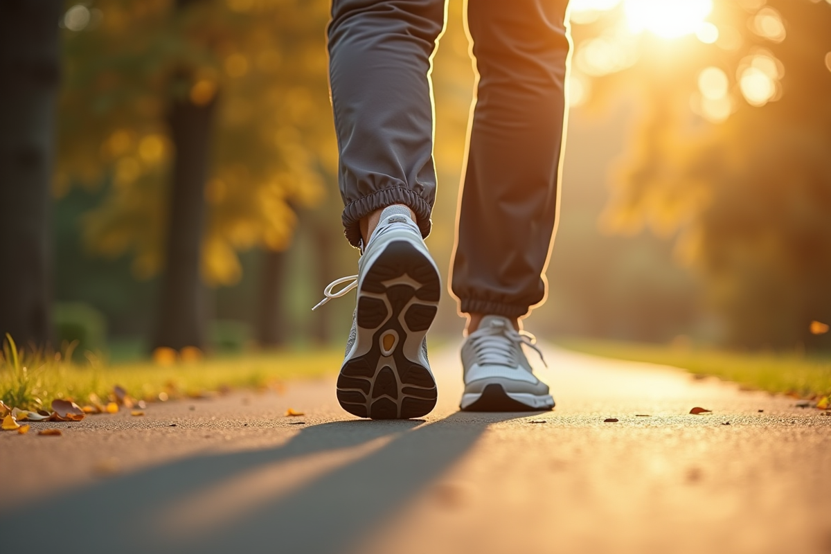 Homme age marchant dans un parc avec des chaussures de sport