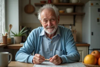 Homme senior regardant ses dents avec réflexion