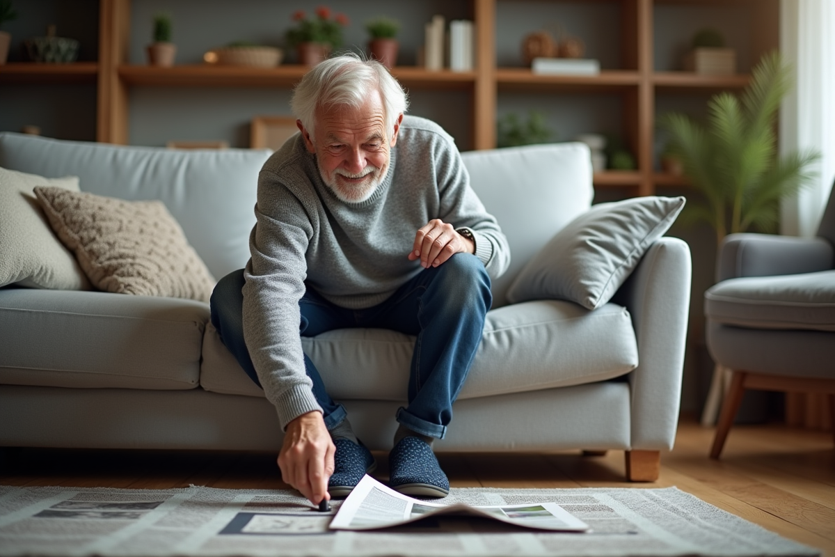 Homme âgé assis sur un canapé avec un outil pour ramasser un journal