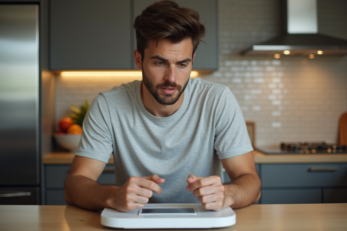 Homme surpris en regardant la balance dans la cuisine