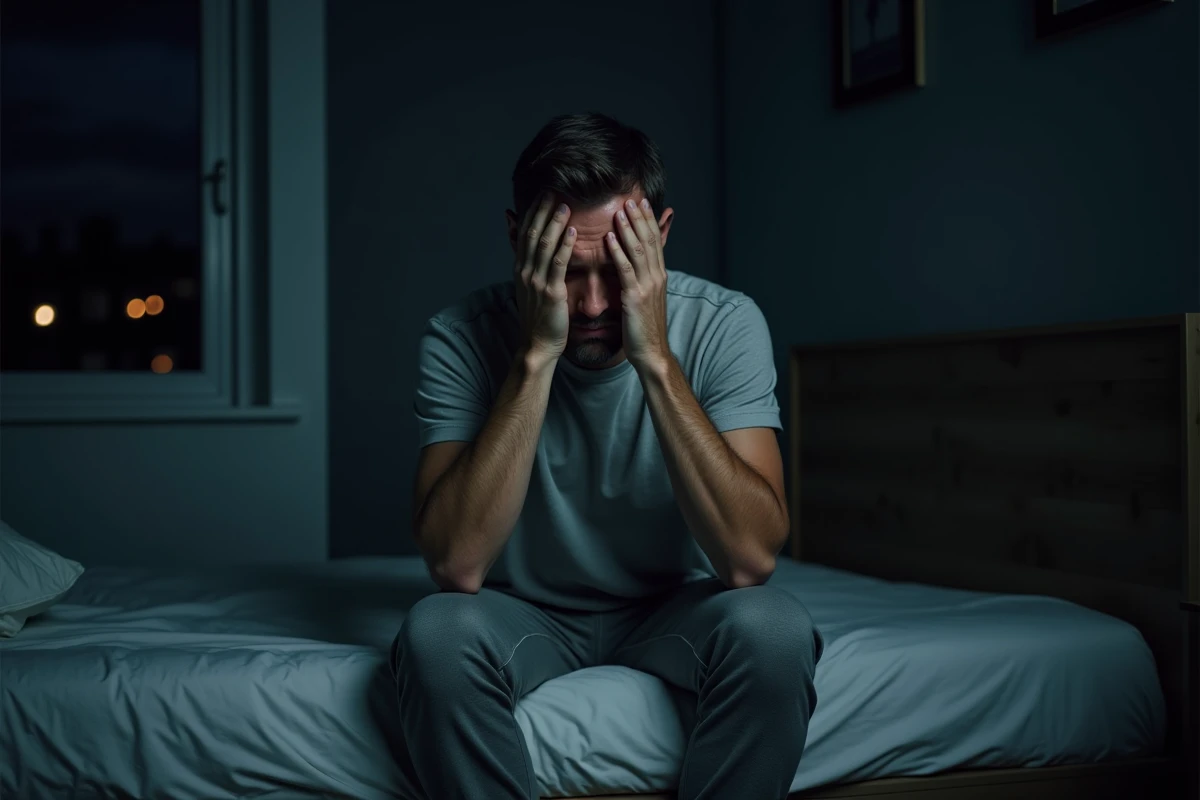 Homme assis au bord du lit la nuit, tête entre les mains, illustrant l'épuisement mental et les réveils nocturnes liés au burn-out