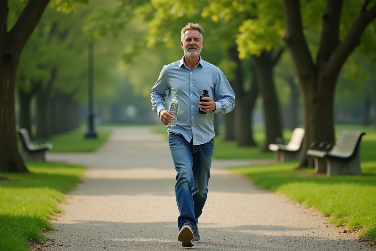 Homme courant dans un parc urbain au matin