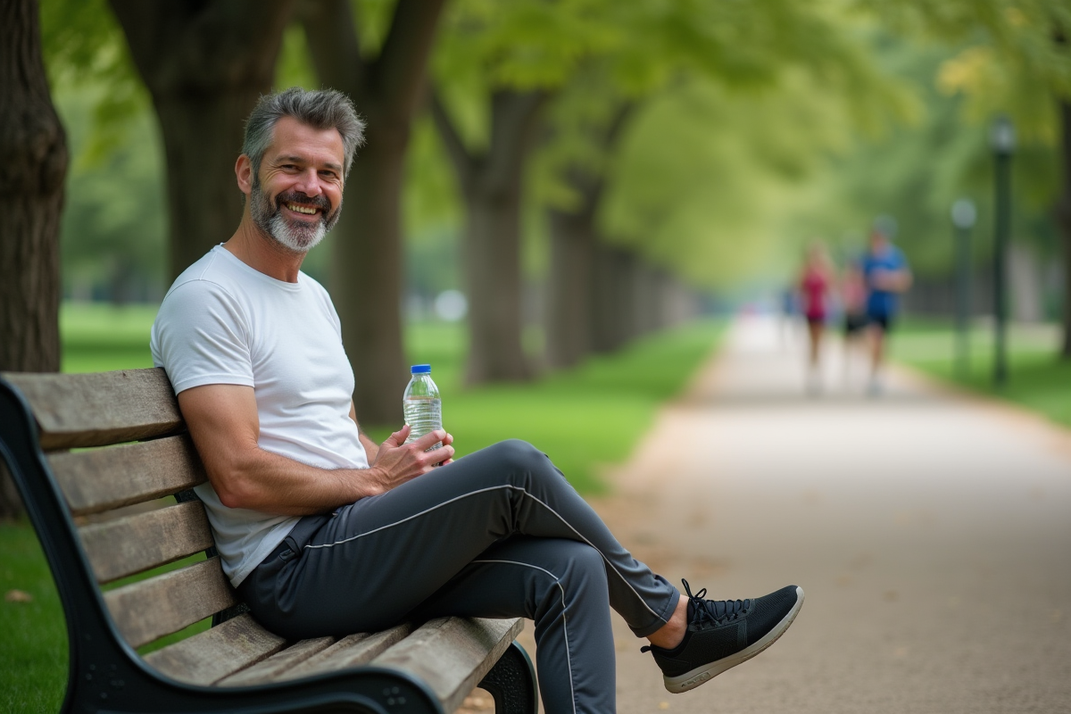 Homme assis sur un banc de parc après une marche