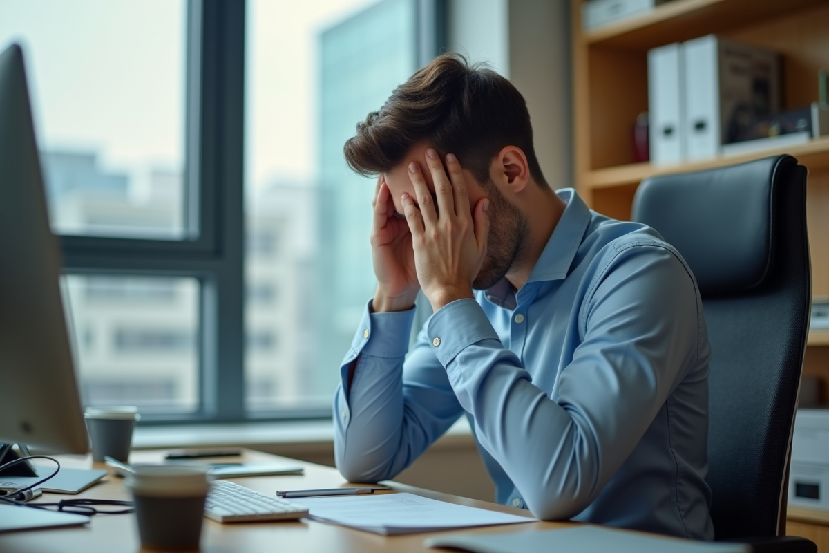 Jeune homme fatigué au bureau en profil