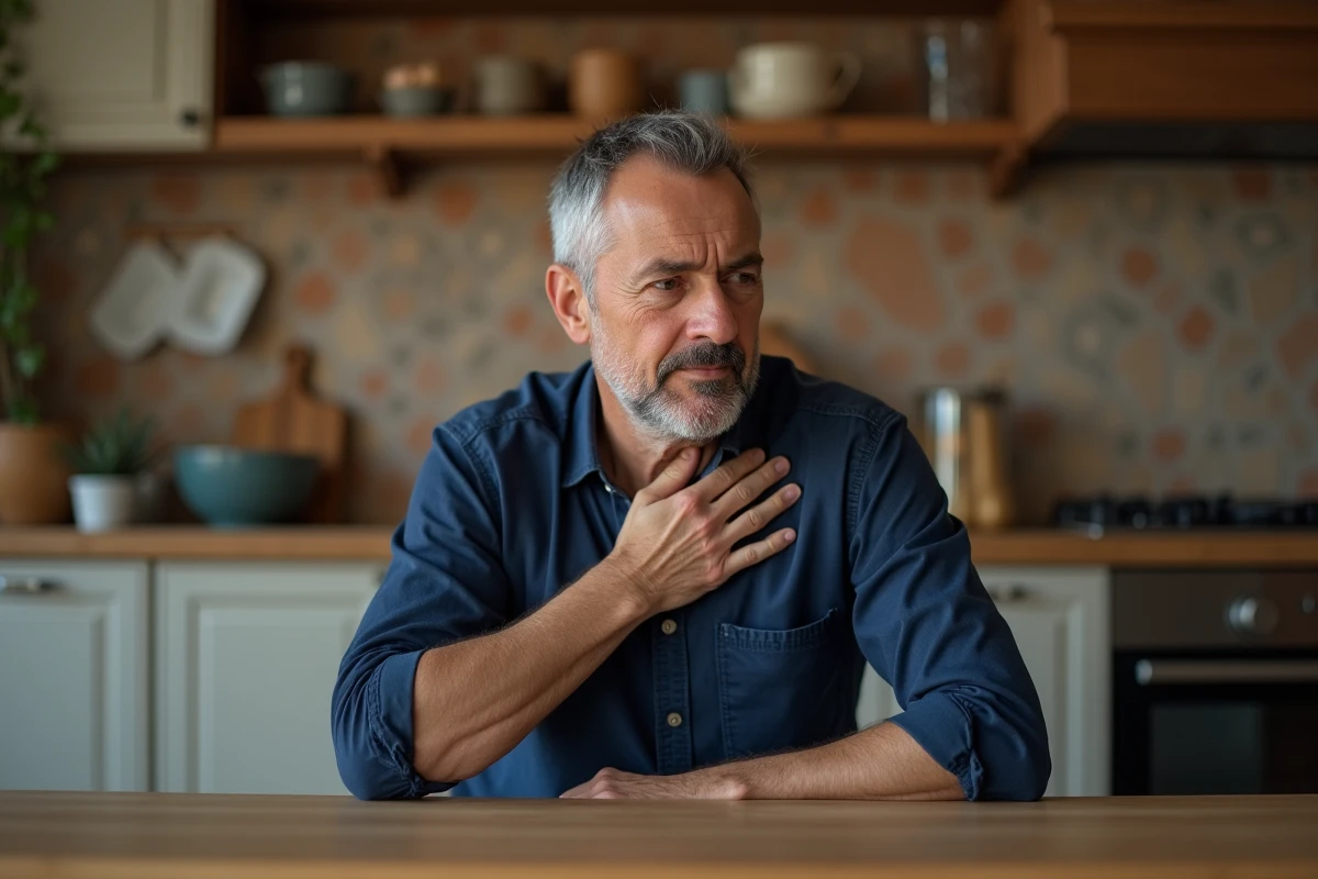 Homme touchant sa gorge avec une expression pensive, représentant les difficultés de communication liées à un chakra gorge bloqué