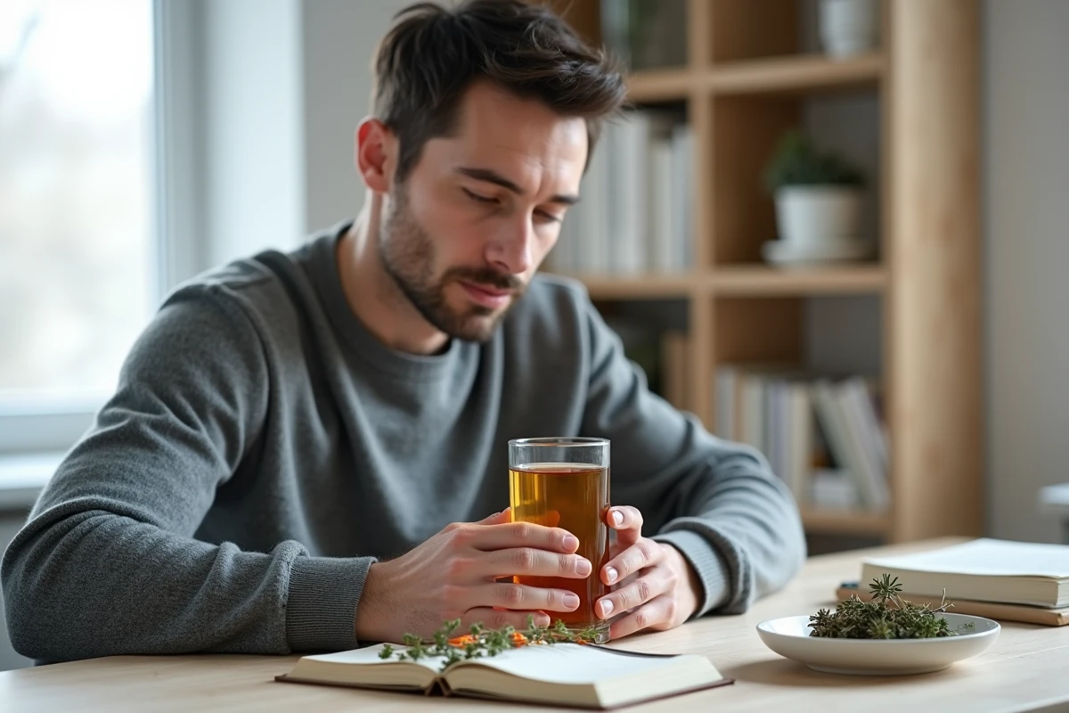 Homme tenant une tasse d'infusion de thym dorée dans un appartement moderne au style scandinave épuré