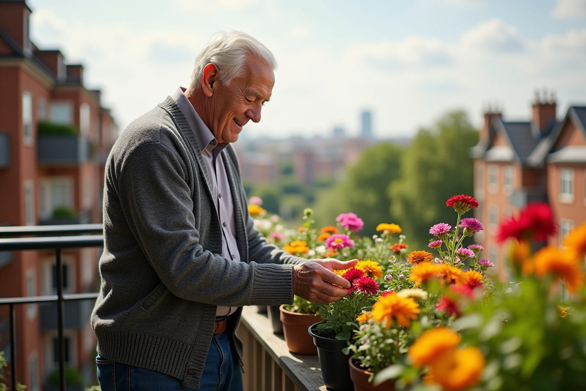 Homme âgé entretenant ses fleurs sur balcon