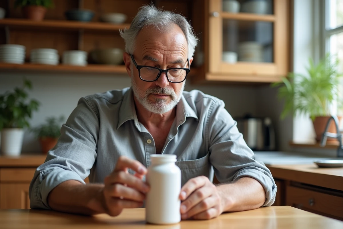 Homme lisant attentivement l'étiquette d'un complément postbiotique dans sa cuisine