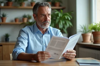 Homme d'âge moyen lisant une brochure médicale dans une cuisine lumineuse