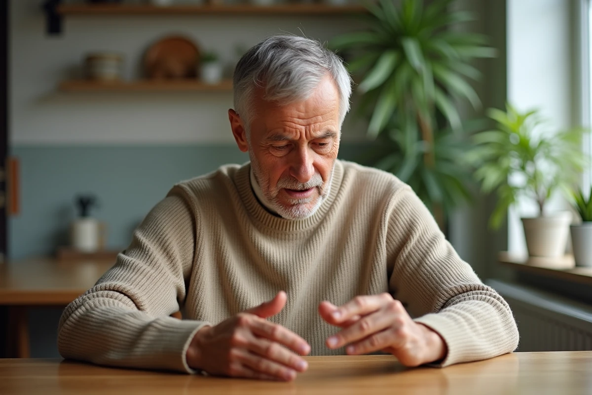Homme âgé regardant ses mains avec des signes de jaunissement