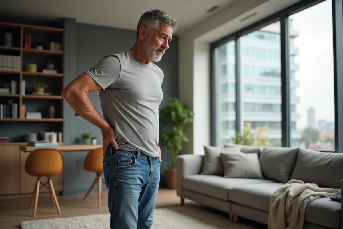 Homme en jean expliquant son mal de dos dans le salon