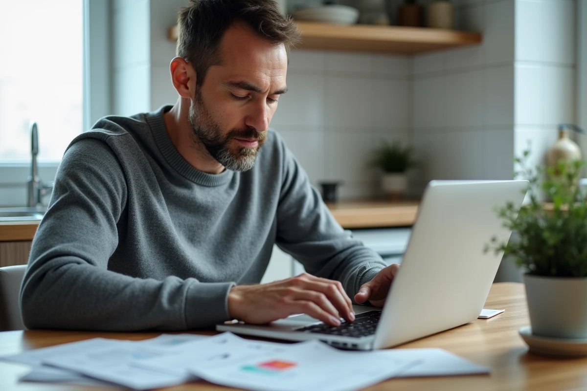 Homme utilisant un ordinateur portable pour contacter la CPAM en ligne afin de suivre un remboursement en attente